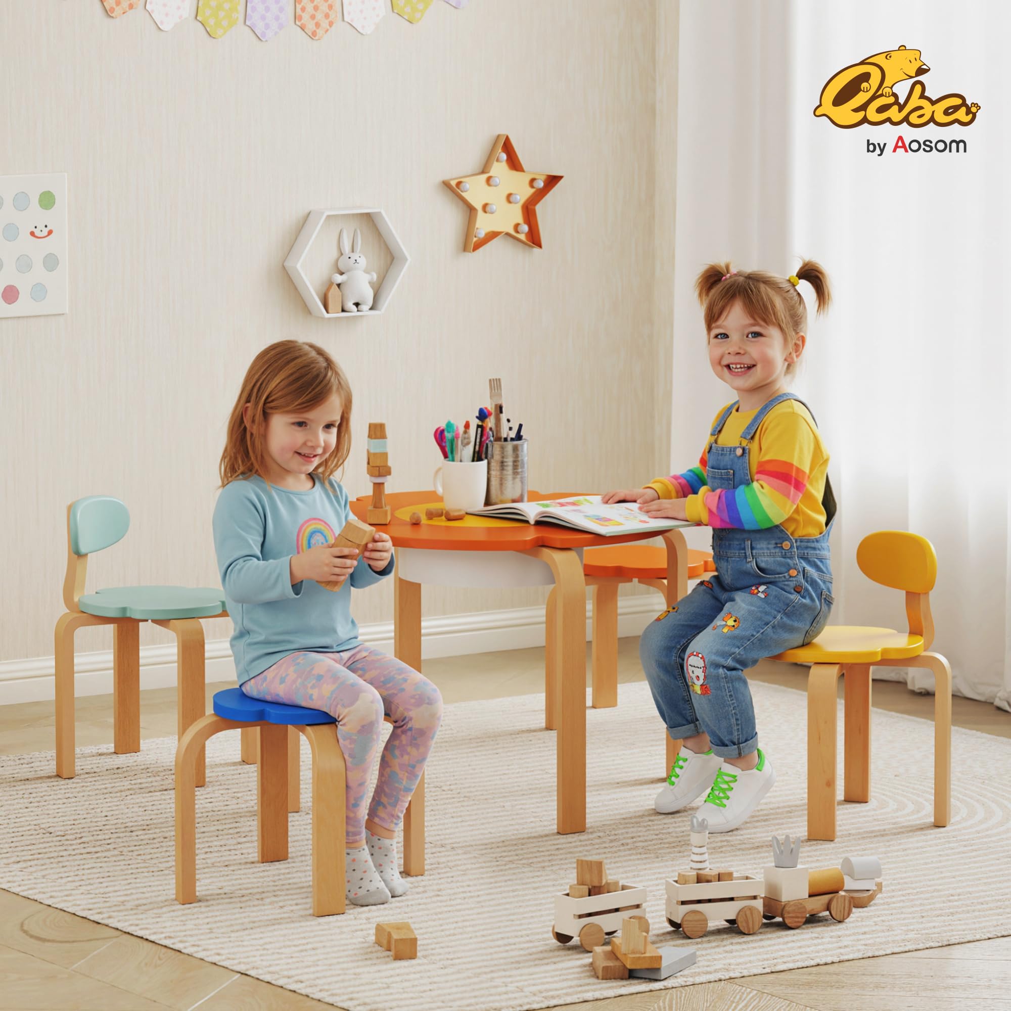 AIYAPLAY Kindersitzgruppe Kindertisch mit Stauraum 5-Teilig Holz Bunt