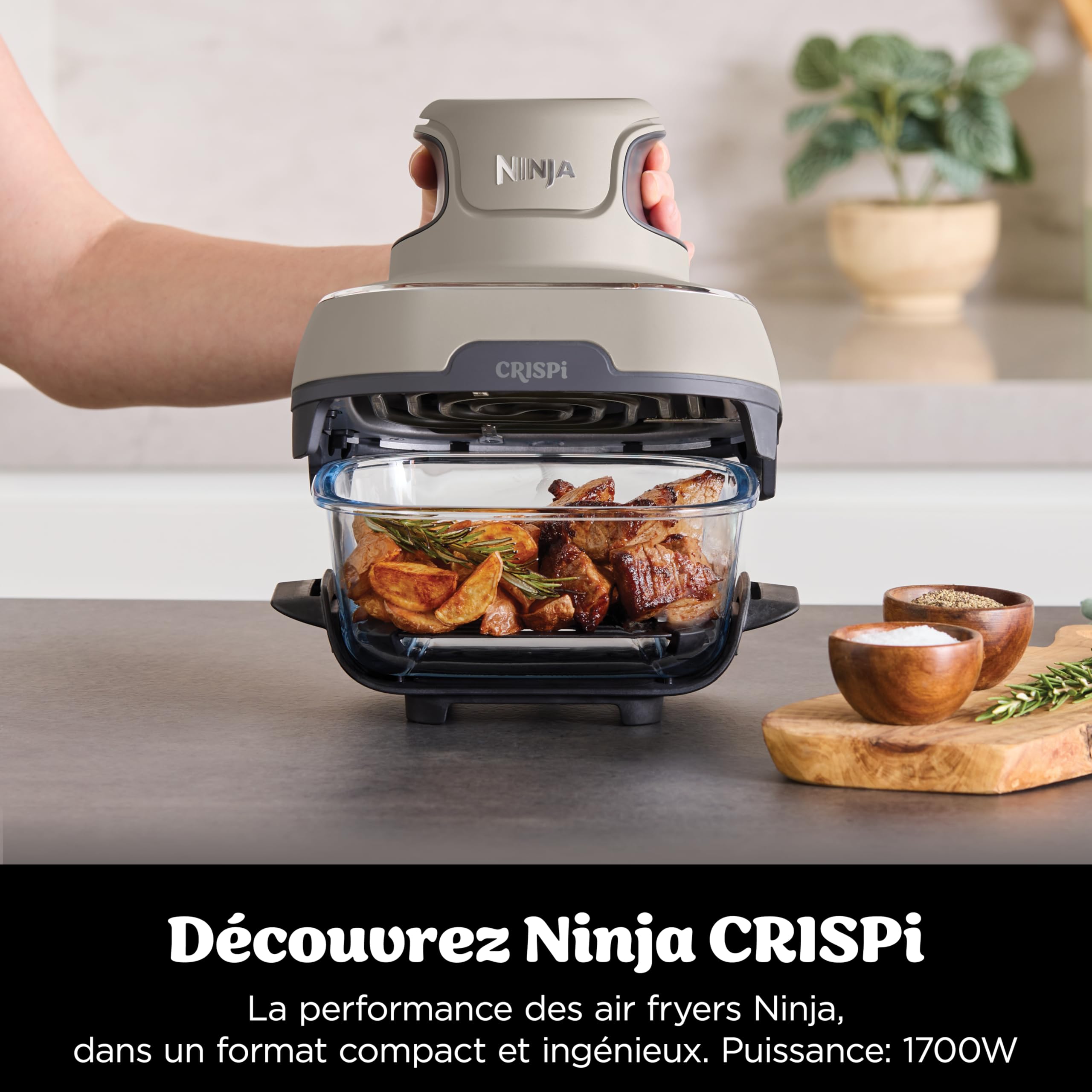 Ninja CRISPi Friteuse sans huile portable, 3,8L, 4-en-1 : Frire sans huile, Rôtir, Garder au chaud, Recroustiller, Design compact, 2 récipients avec couvercles, 1 700 W, Pierre FN101EUST