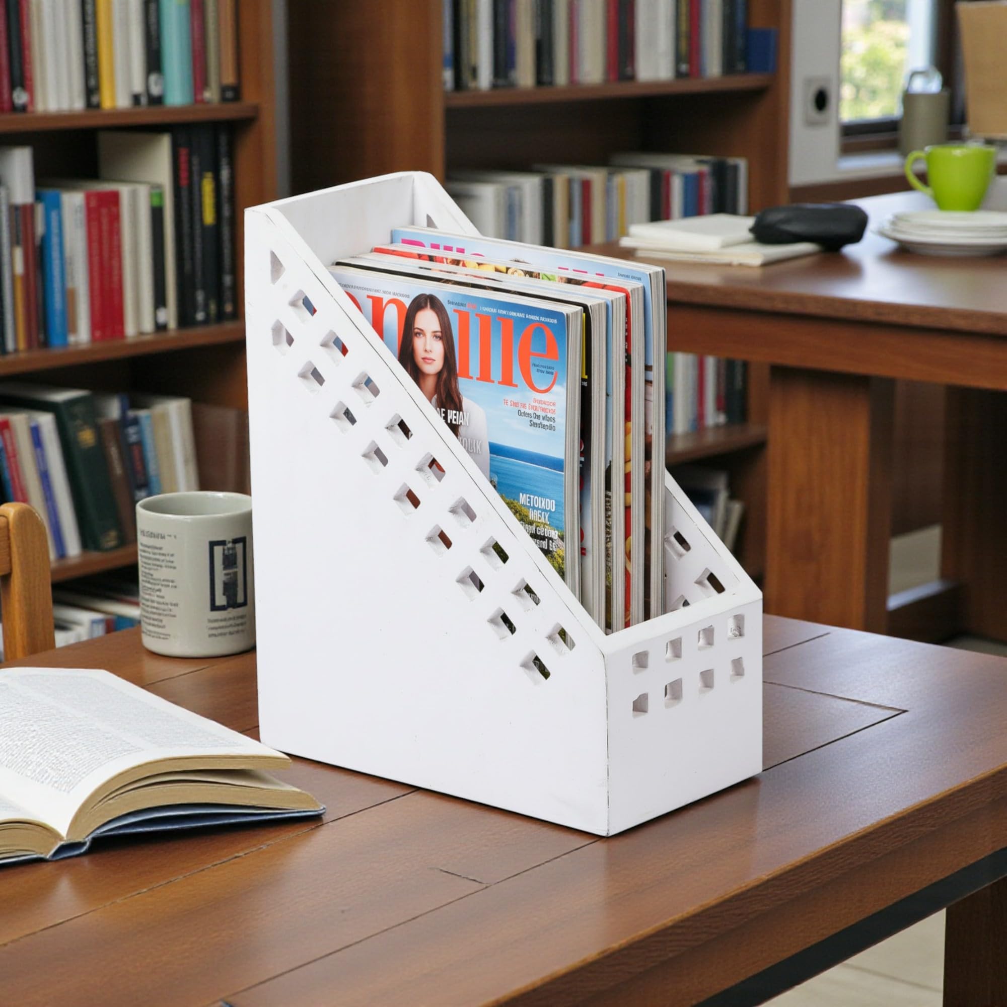 THE URBAN STORE Magazine Holder, Book Holder, Paper Stand Table Top Wooden Distressed White Color 22 x 13 x 27 CM Pack Of One French Country Style Elegantly Hand Crafted For Home And Office Decor