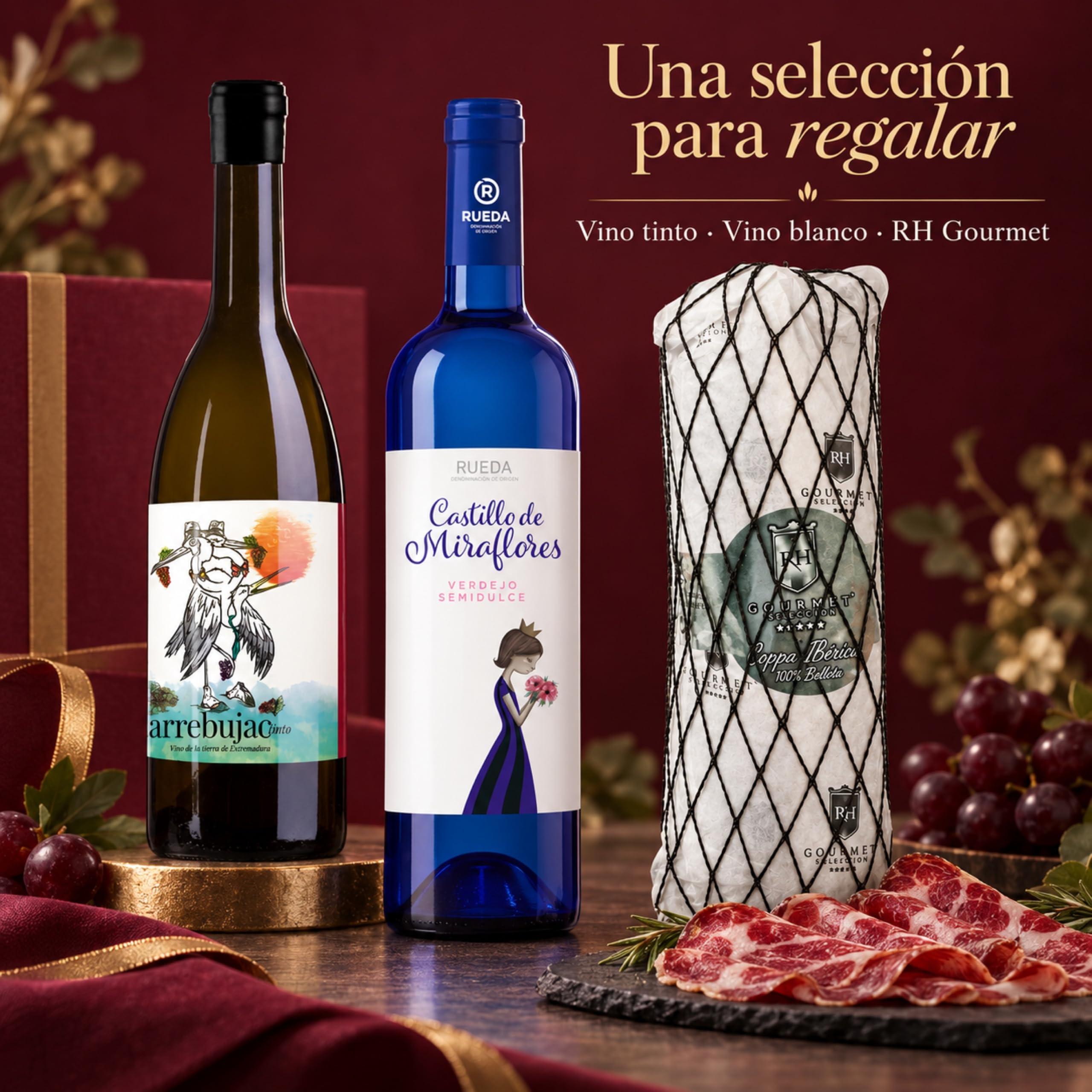 Cesta gourmet Navidad Arrebujao Tinto y Castillo de Miraflores con coppa ibérica de bellota 100% 800 g RH Gourmet, pack de 2 botellas 75 cl