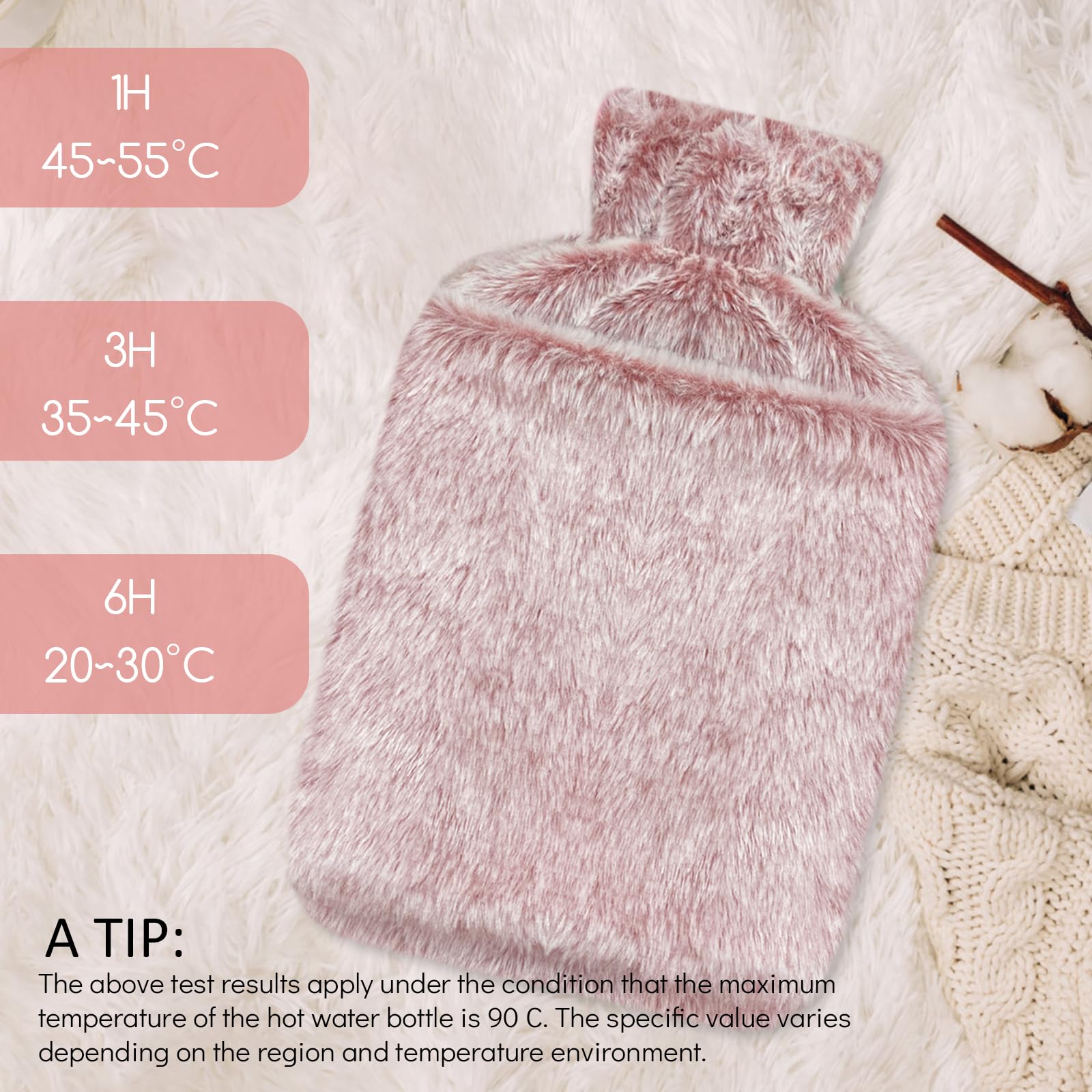 Jsdoin Borsa Acqua Calda, 2L Borsa Dell'acqua Calda con Peluche Morbida Copertura,Boule Acqua Calda, Borsa Acqua Calda per Dolori (Rosa)