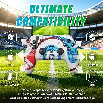 YUYIU Wireless LED Controller for PS5 Controller/Slim/Pro,iOS,MAC,PC,Steam | Hall Effect/1500mAh Battery/Programmable/Microphone/Mute Button/Dual Vibration/6 Axis Gyro/Turbo/3.5mm Audio Jack,Usb-C Cable