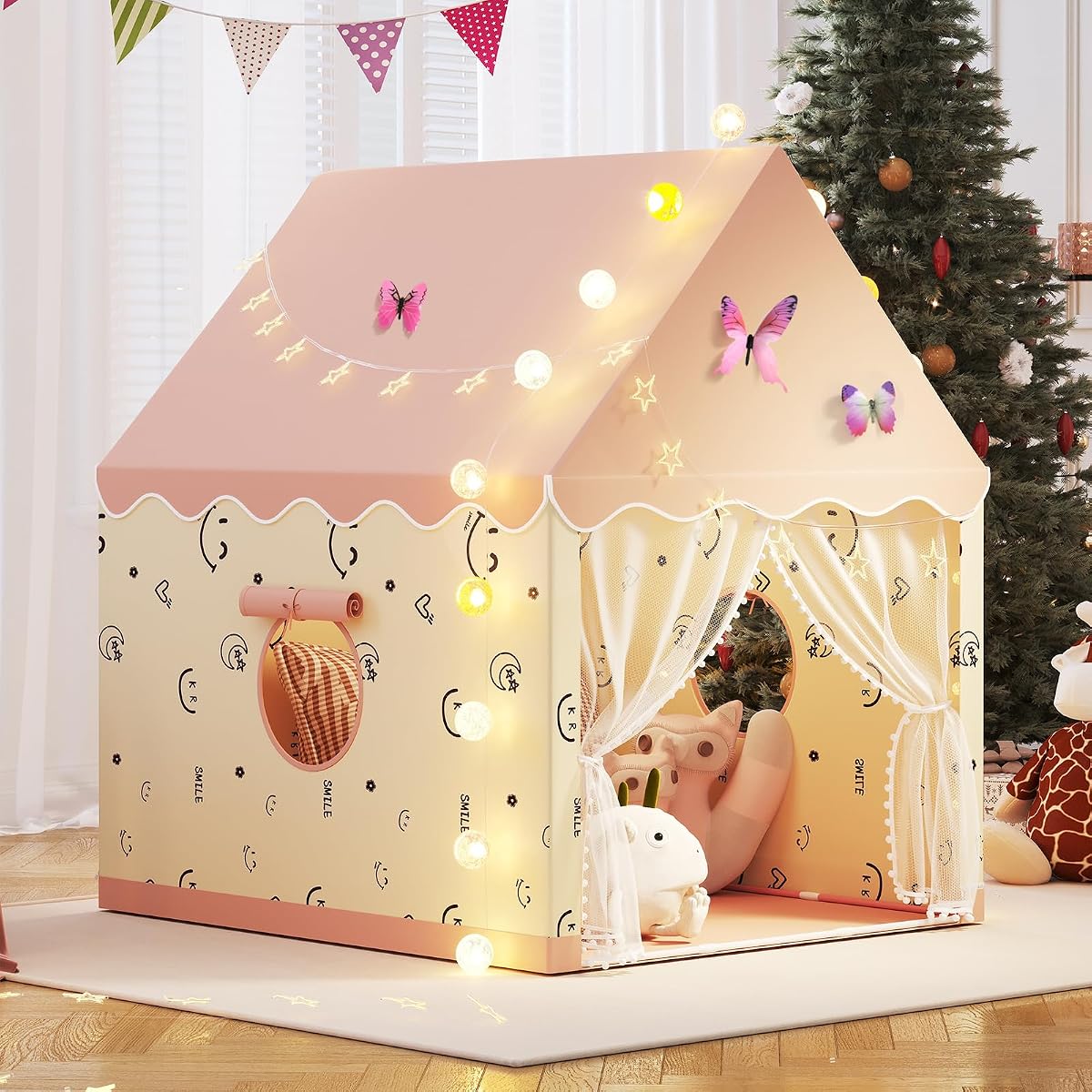 Kids Play Tent, Princess Tent Indoor Playhouse Set with Star Lights, Ball Lights, Colorful Flags, Butterflies - Pink Tents for Kids Toddle Castle for Girls Toy House Gift