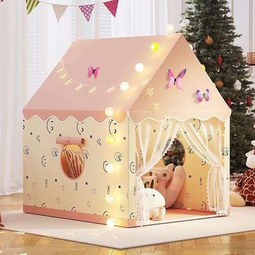 Kids Play Tent, Kids Playhouse Set with Light String, Ball Lights, Colorful Flags, Cloud, Butterfly Decoration, Toddler Castle Indoor & Outdoor, Christmas Birthday Gift Toys Tent for Kid