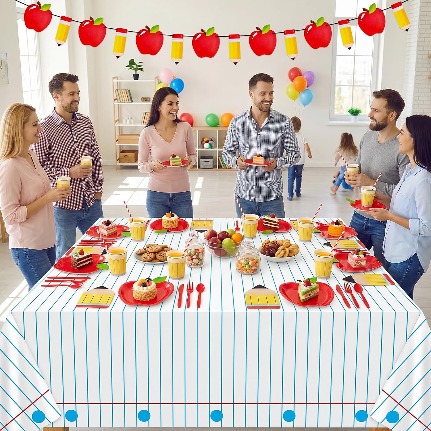 171PCS Back to School Party Supplies,School Tableware Set | Apple Plates, Pencil Cups, Napkins, Tablecloths, and Banner for Classroom Parties and Up to 24 Guests