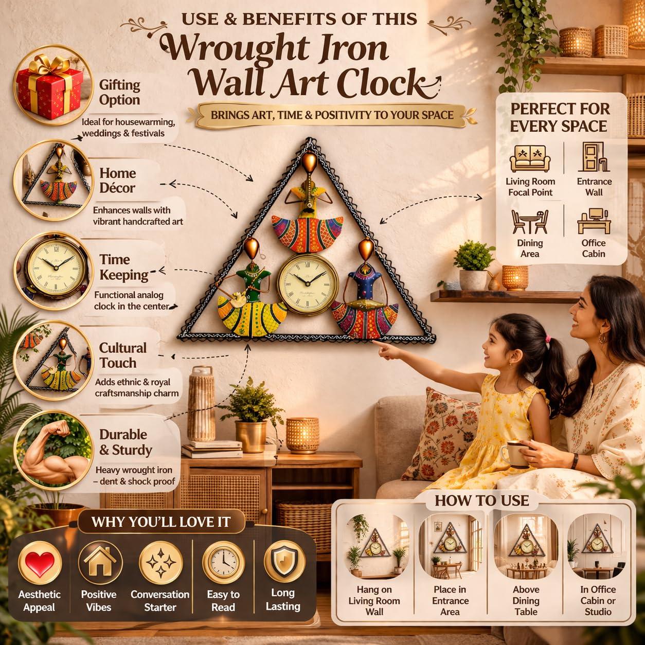 ROYAL CRAFTS Handcrafted Tribal Musician Wall Clock Metal Triangle Frame Decorative Wall Hanging with Traditional Art Design for Living Room Home Décor Multicolor 1