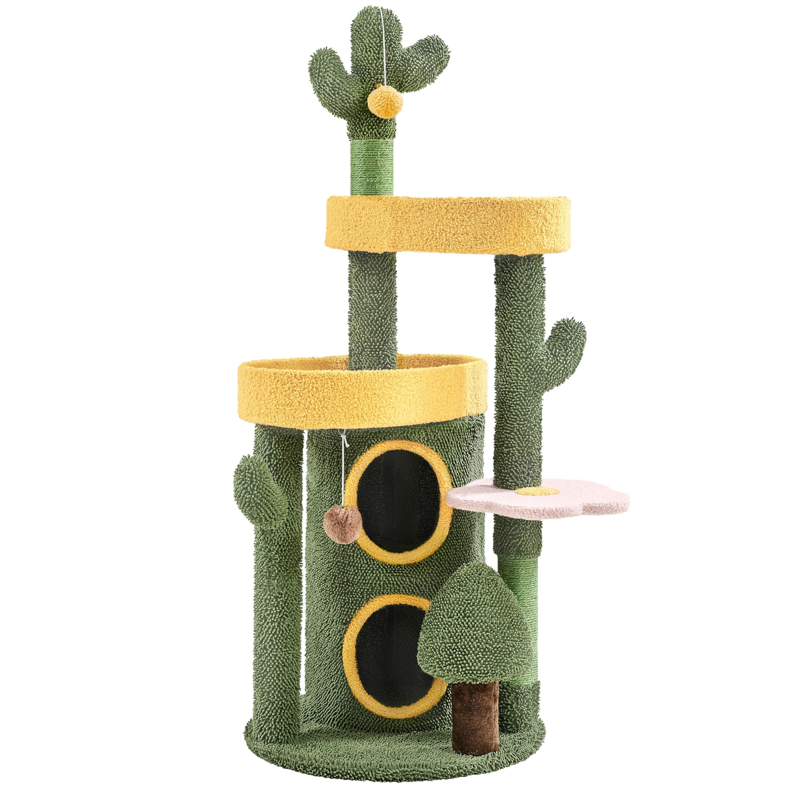 Abician Arbre à Chat Cactus en Tissu Moppy Tour pour Chat Cachette Perchoirs Poteaux avec Griffoirs en Sisal Jouets 123 cm