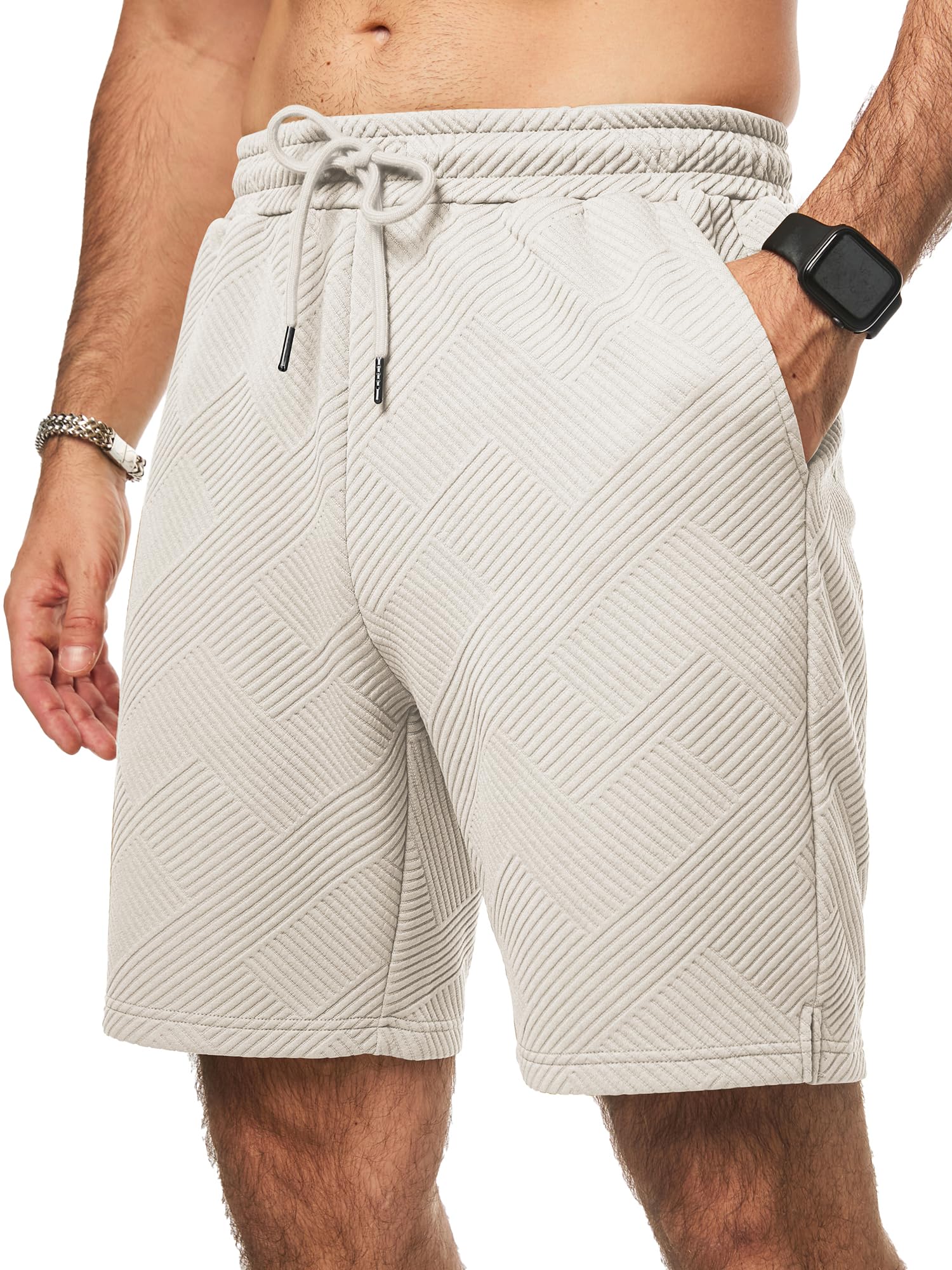JMIERR Men's Texture Shorts with 3 Pockets 2025 Summer Casual Loose Shorts Elastic Waist