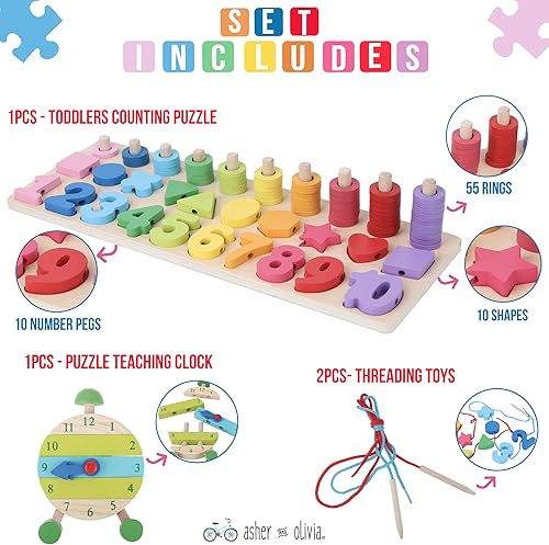 Miniatura 2 de Montessori - Juguetes de habilidad motora fina, juego de forma de números de madera matemática con reloj de aprendizaje y cuentas de cordones