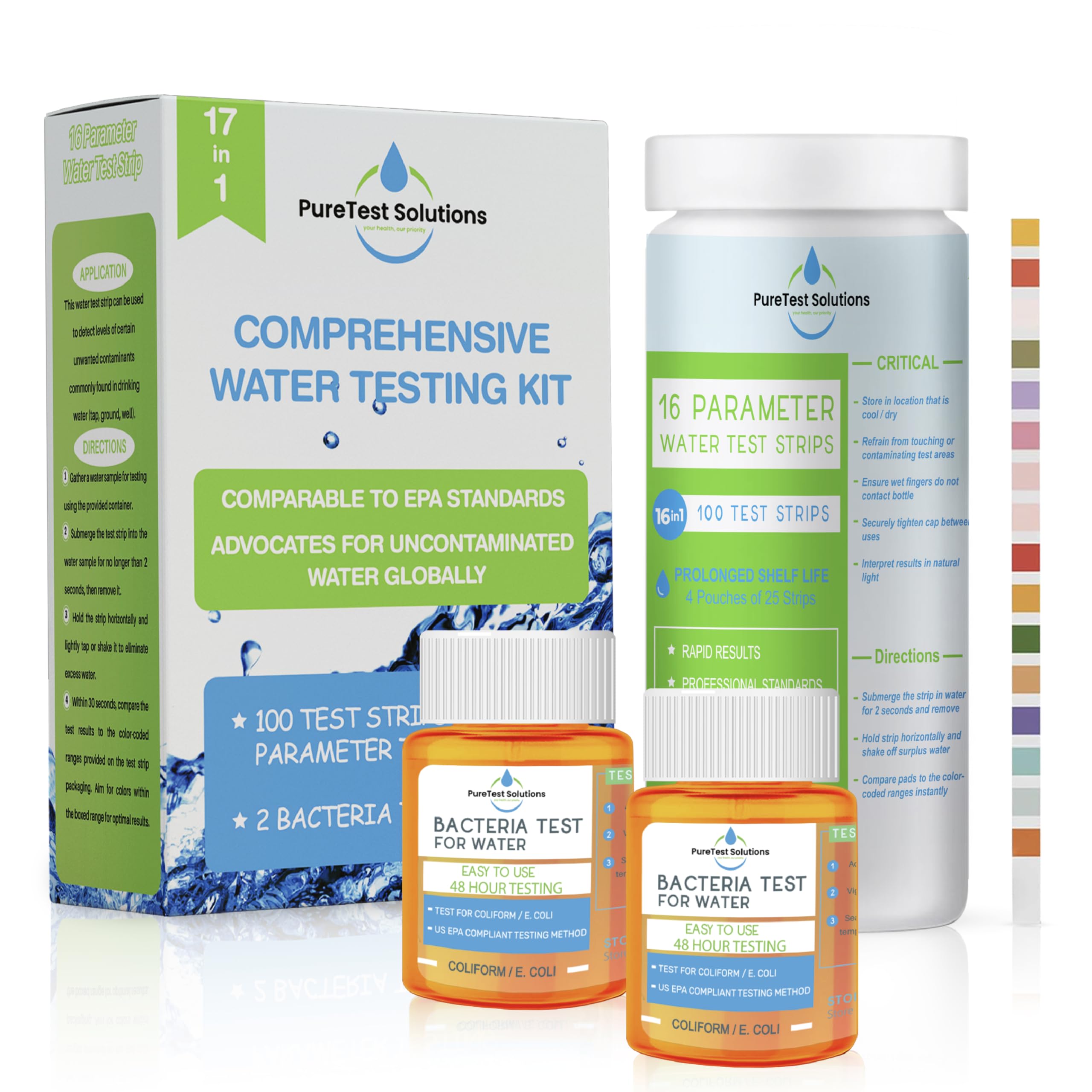 PureTest Solutions 17 in 1 Complete Drinking Water Test Kit (100 strips & 2 Bacteria Tester Kit) assesses for lead, alkalinity, chlorine, hardness, iron, fluoride, copper, and more.