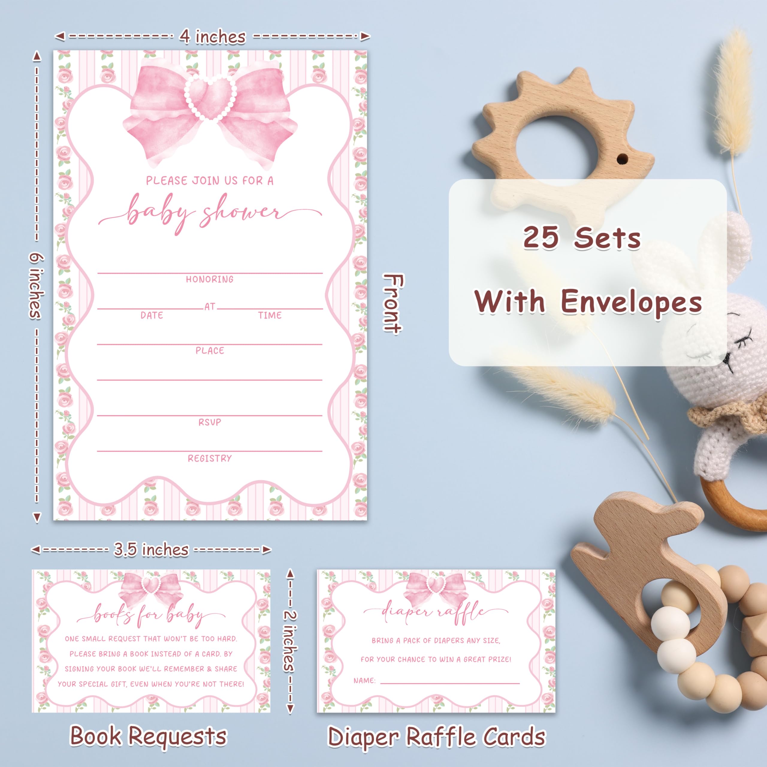 lamocho Pink Bowknot Shower Invitations For Girl, Flower Baby Invites, Diaper Raffle Tickets Diaper Raffle Cards, Book Request Cards Fill in Blank (25 Pcs & Envelopes)/Baby Set-02