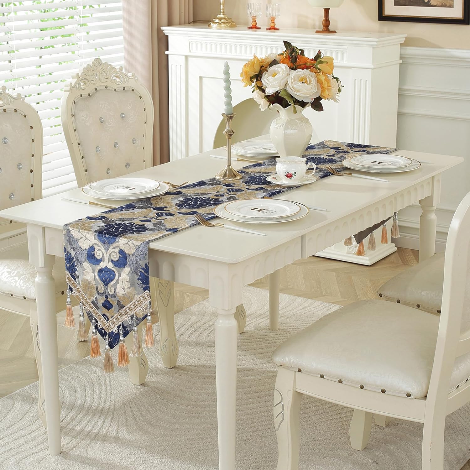 Vintage Table Runner Jacquard Fabric with Multi-Tassels Table Runners for Dining Room Dresser Wedding Holiday Party Decorations (Blue, 11 x 98 inch)