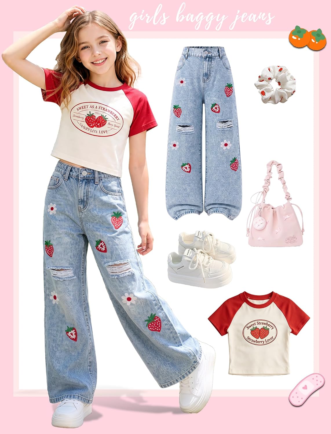 Girls Jeans Baggy Wide Leg Ripped Elastic Waist Denim Pants 7-14Y