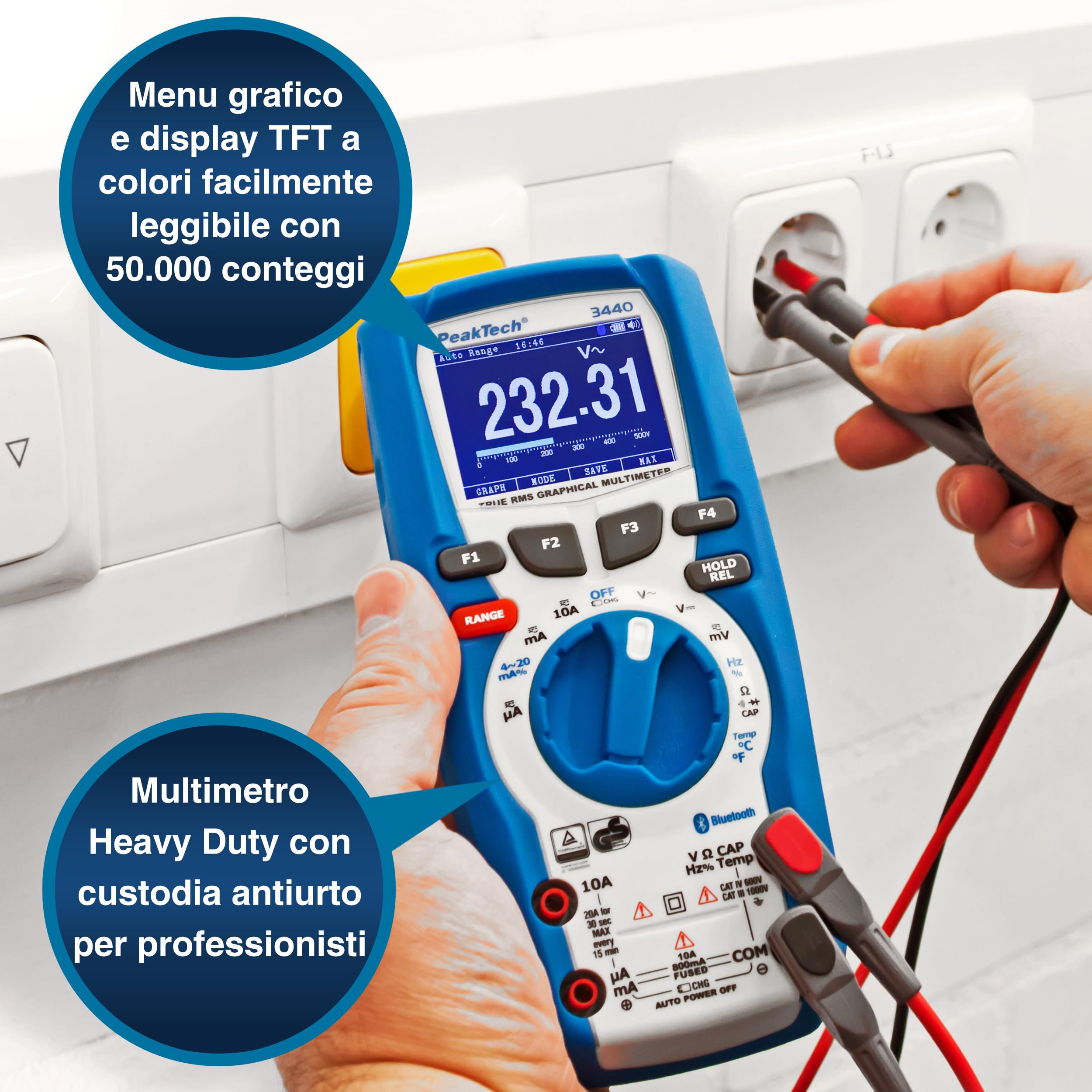 Peaktech 3440 – Multimetro Digitale True Rms con Bluetooth 4 e Display Grafico, 50.000 Conteggi, Tüv/Gs, Autorange, Voltmetro, Tester di Continuità - Cat Iii 1000V