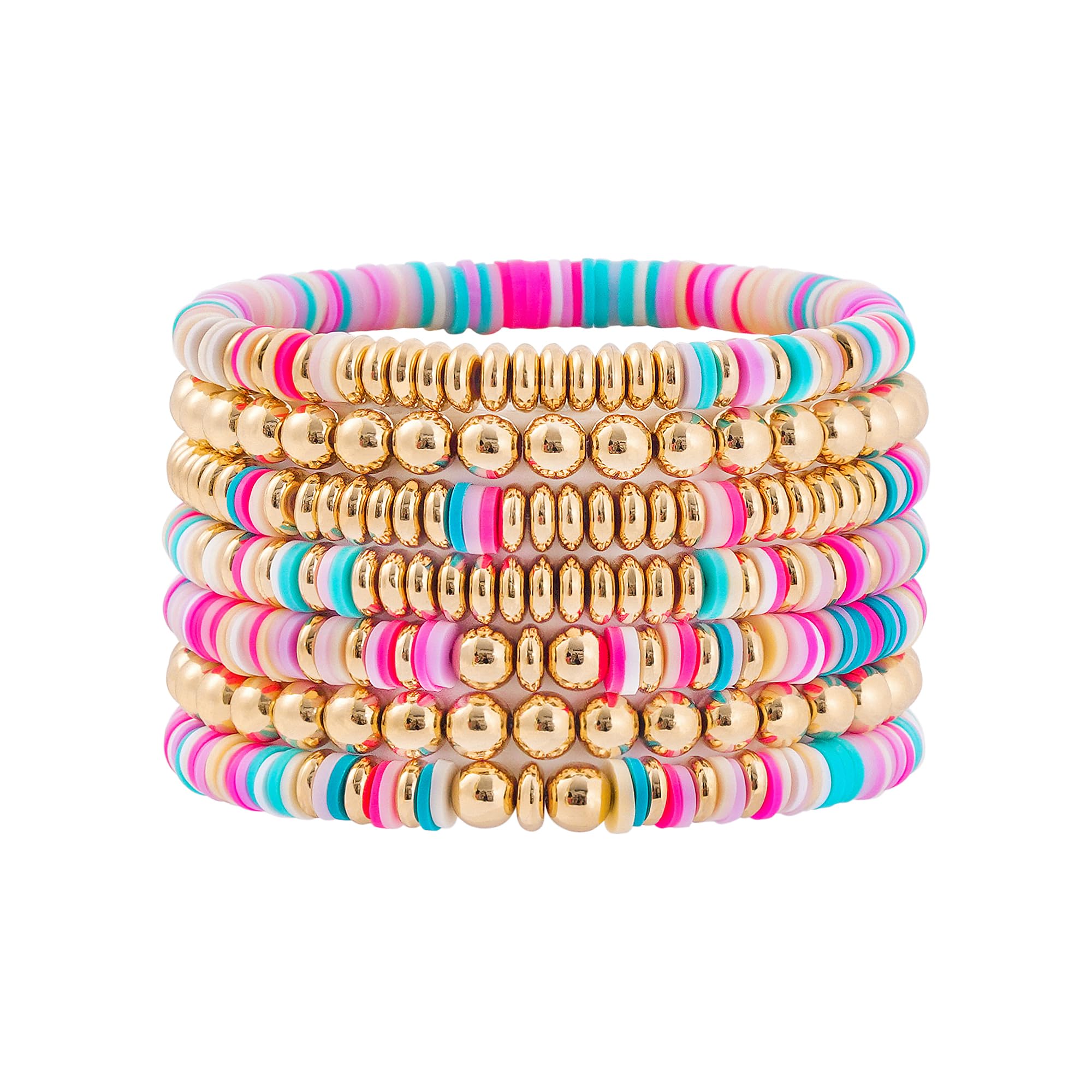 GOOJIDS Surfer Heishi Clay Bead Bracelets for Women Bohemian Stackable Gold Beaded Stretch Bracelets Elastic Layering Friendship Bracelets Set Boho Jewelry