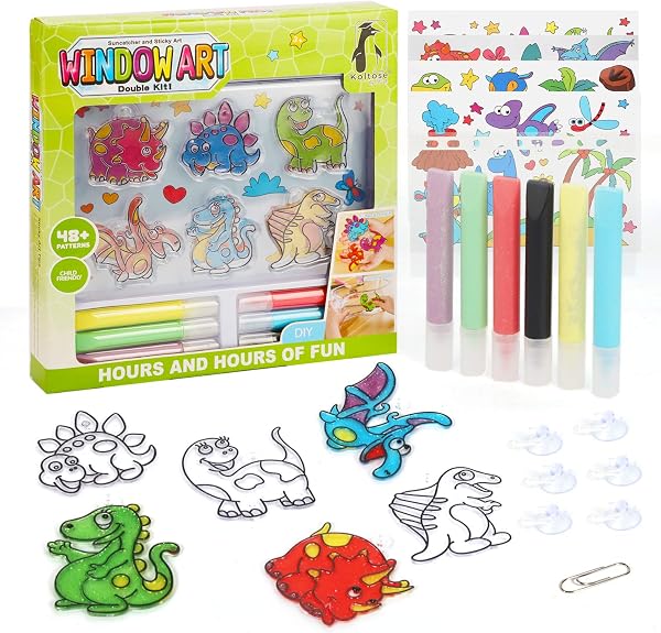 Koltose by Mash Dinosaur Suncatcher Kit, Includes 6 Dinosaur Sun Catchers, 6 Paints, 4 Templates and More, Double Kit - Window Art and Sticky Suncatcher Art - 1