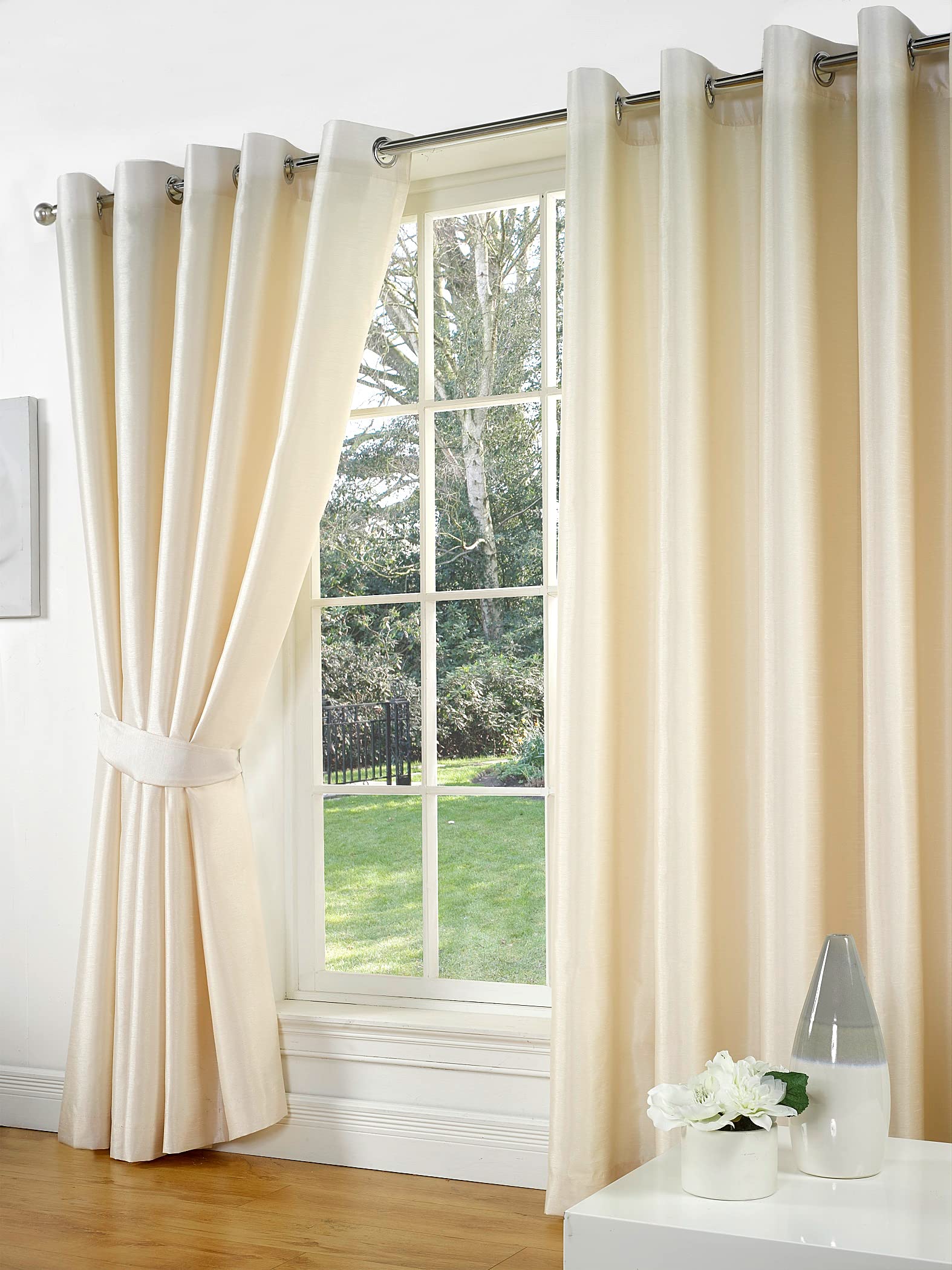 Littens 66" x 54" (168cm x 137cm) Luxury Cream Faux Silk Slubb Effect Eyelet, Ring Top Pair Curtains, Lined Inc Tiebacks Lightweight