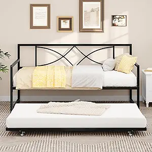 DWVO Twin Daybed Frame with Trundle, Metal Sofa Bed with Adjustable Height, Twin Size Mattress Foundation with Steel Slat Support for Guest Room Living Room - Black