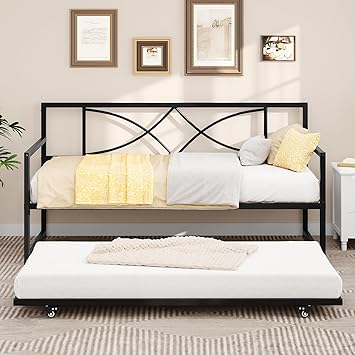 DWVO Twin Daybed Frame with Trundle, Metal Sofa Bed with Adjustable Height, Twin Size Mattress Foundation with Steel Slat Support for Guest Room Living Room - Black