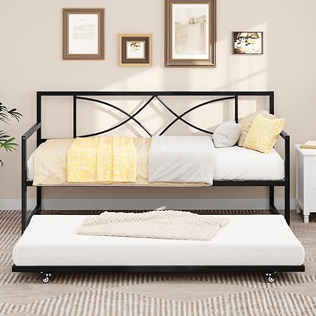 DWVO Twin Daybed Frame with Trundle, Metal Sofa Bed with Adjustable Height, Twin Size Mattress Foundation with Steel Slat Support for Guest Room Living Room - Black