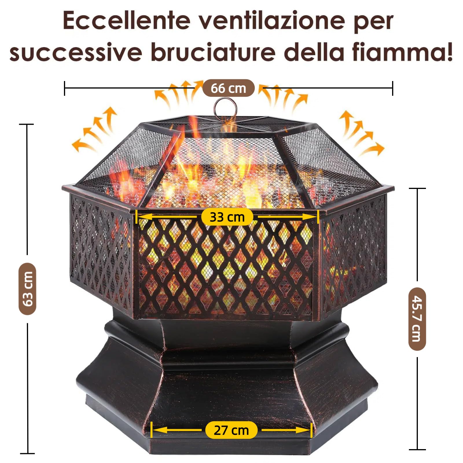 TLSUNNY Braciere da Esterno con Griglia, Braciere da Giardino, 66x66x63 cm | Braciere in Metallo con Parascintille, Griglia a Carbone e Attizzatoio, per Terrazza da Campeggio, Riscaldamento, Campeggio