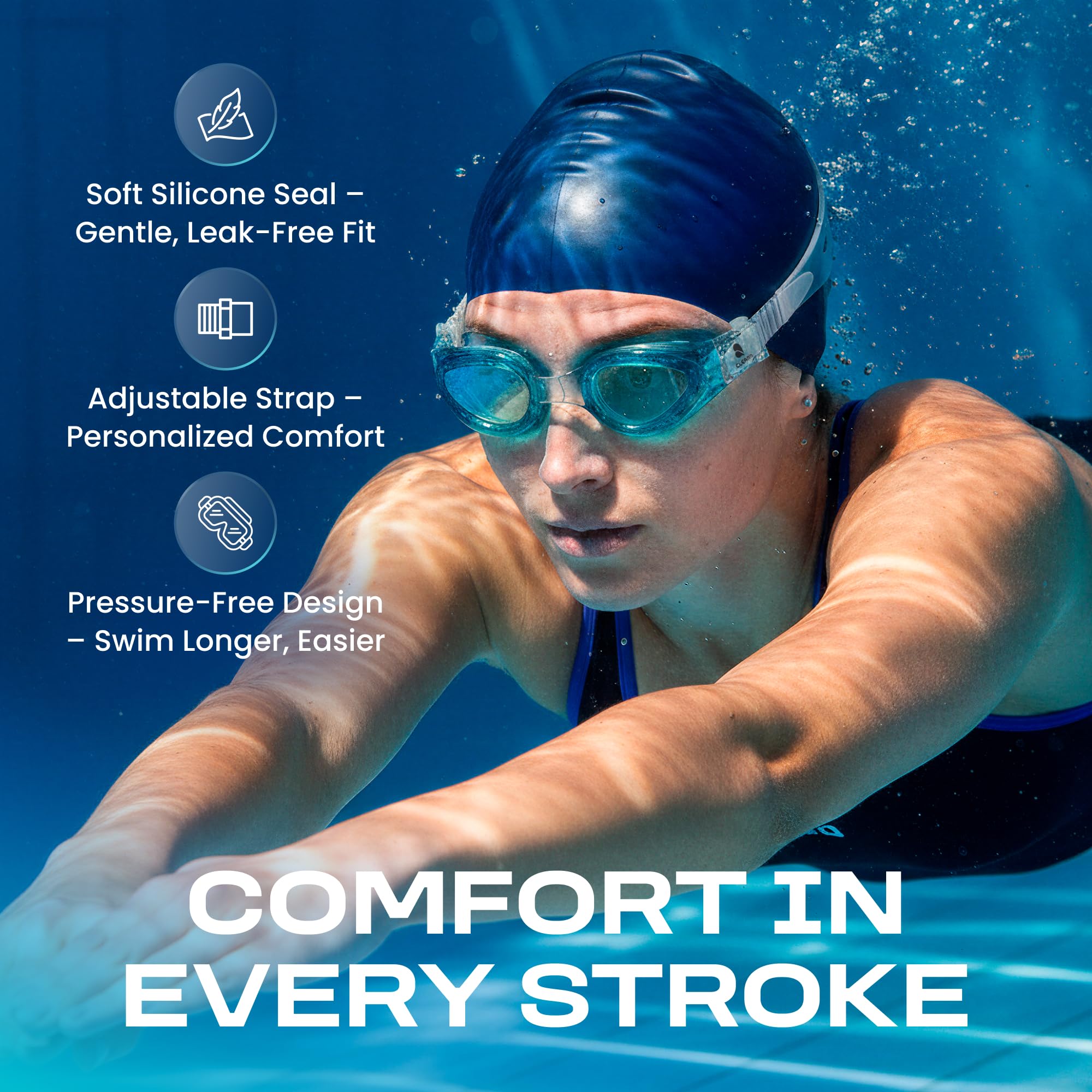 Clear'r Caiman, occhialini da nuoto per adulti, con sistema di fibbia ad attacco rapido, lenti trasparenti ultra resistenti, 100% protezione UVA e UVB
