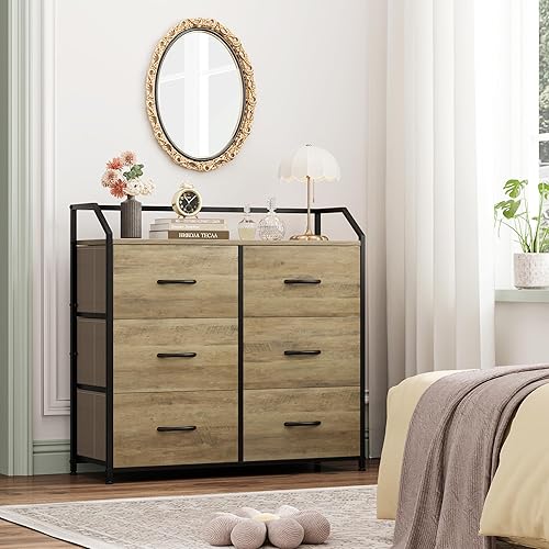 Miniatura 2 de Cómoda con 6 cajones, cómoda para dormitorio, torre de almacenamiento superior de madera, unidad organizadora de tela para armario, ropa, niños,