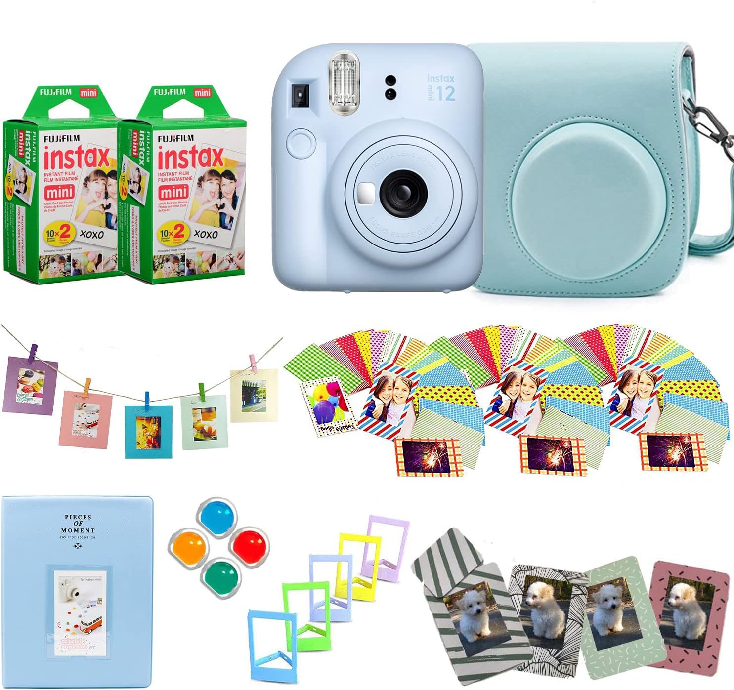 Fujifilm Instax Mini 12 Instant Camera + Pro Design Accessory Bundle with Protective Case, Magnetic Frames, Album, Frames Design Kit (40 Sheets) (Pastel Blue)
