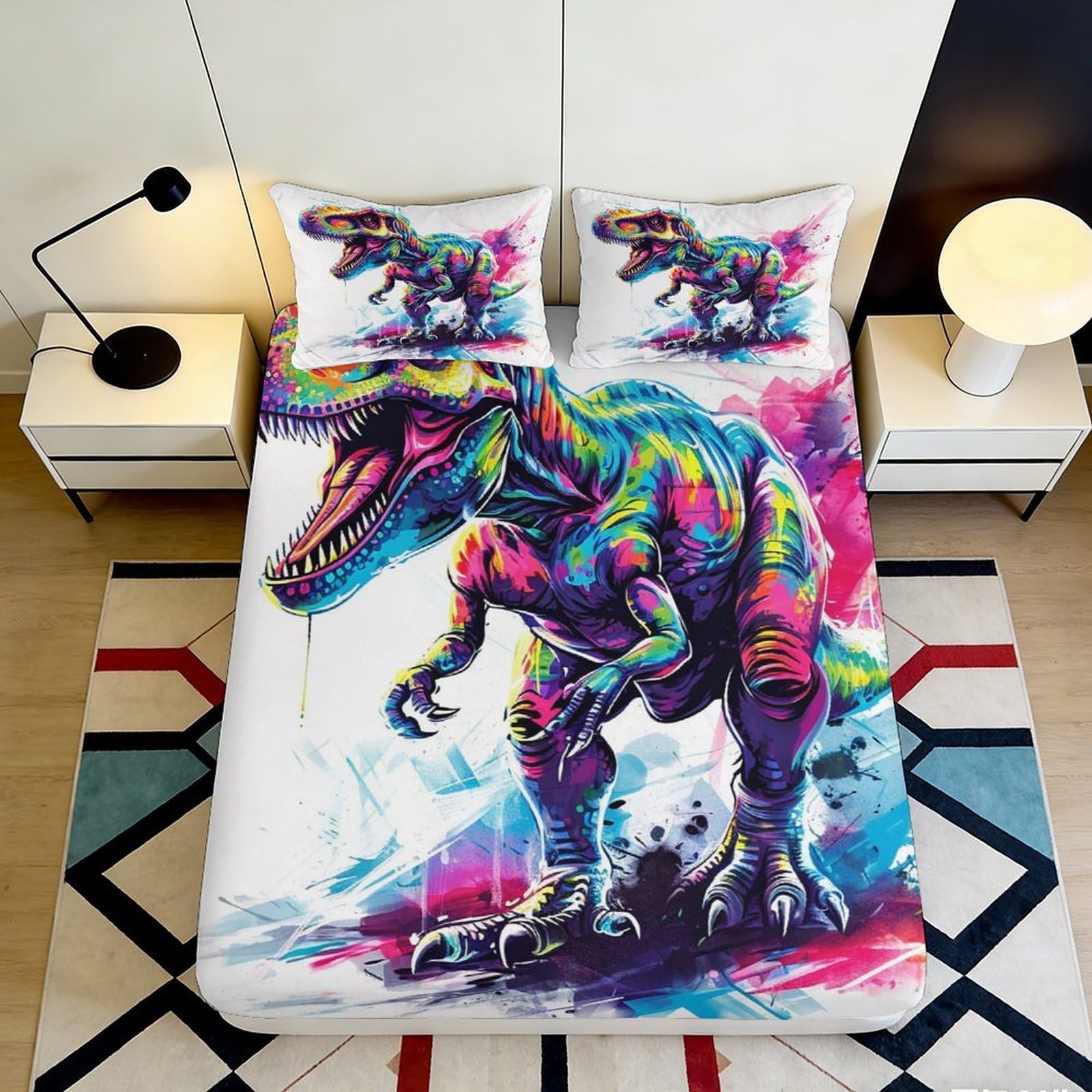 3D Printed Colorful Dinosaur Fitted Sheet Microfiber Soft Durable Vibrant T-Rex Bed Cover for Bedroom Dormitory Guest Room Mattress Protection 160x200x25cm