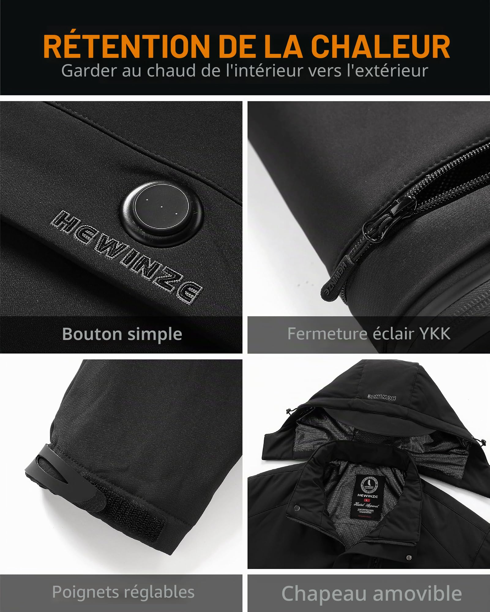 HEWINZE veste chauffante homme/femme avec batterie incluse-Blouson Softshell homme/femme hiver avec capuche pour L'hiver, la Chasse, L'extérieur, le Camping, Ski Équitation.