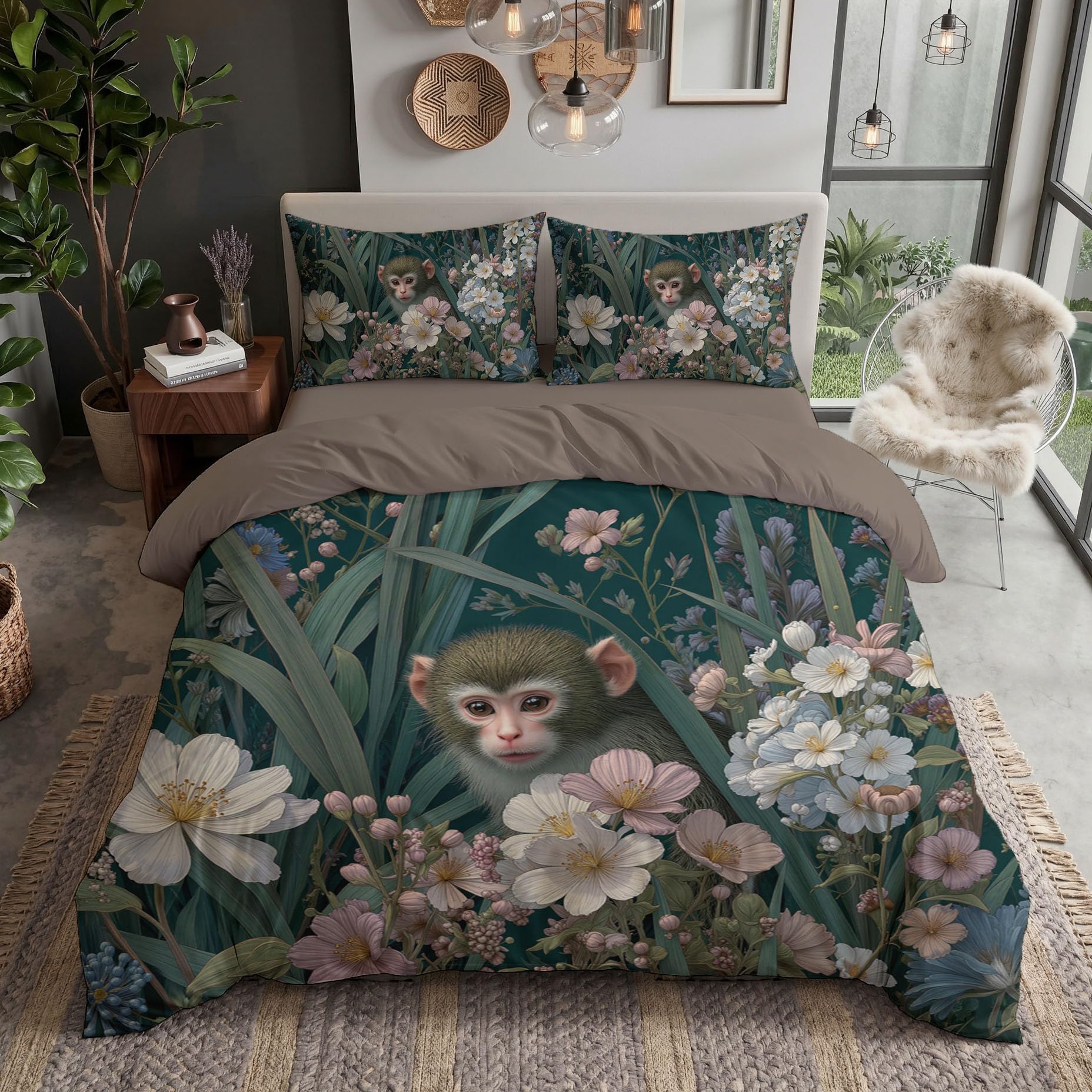 Housse de Couette 200x200cm Microfibre Singe et Fleurs Sauvages avec 2 Taies d'Oreiller