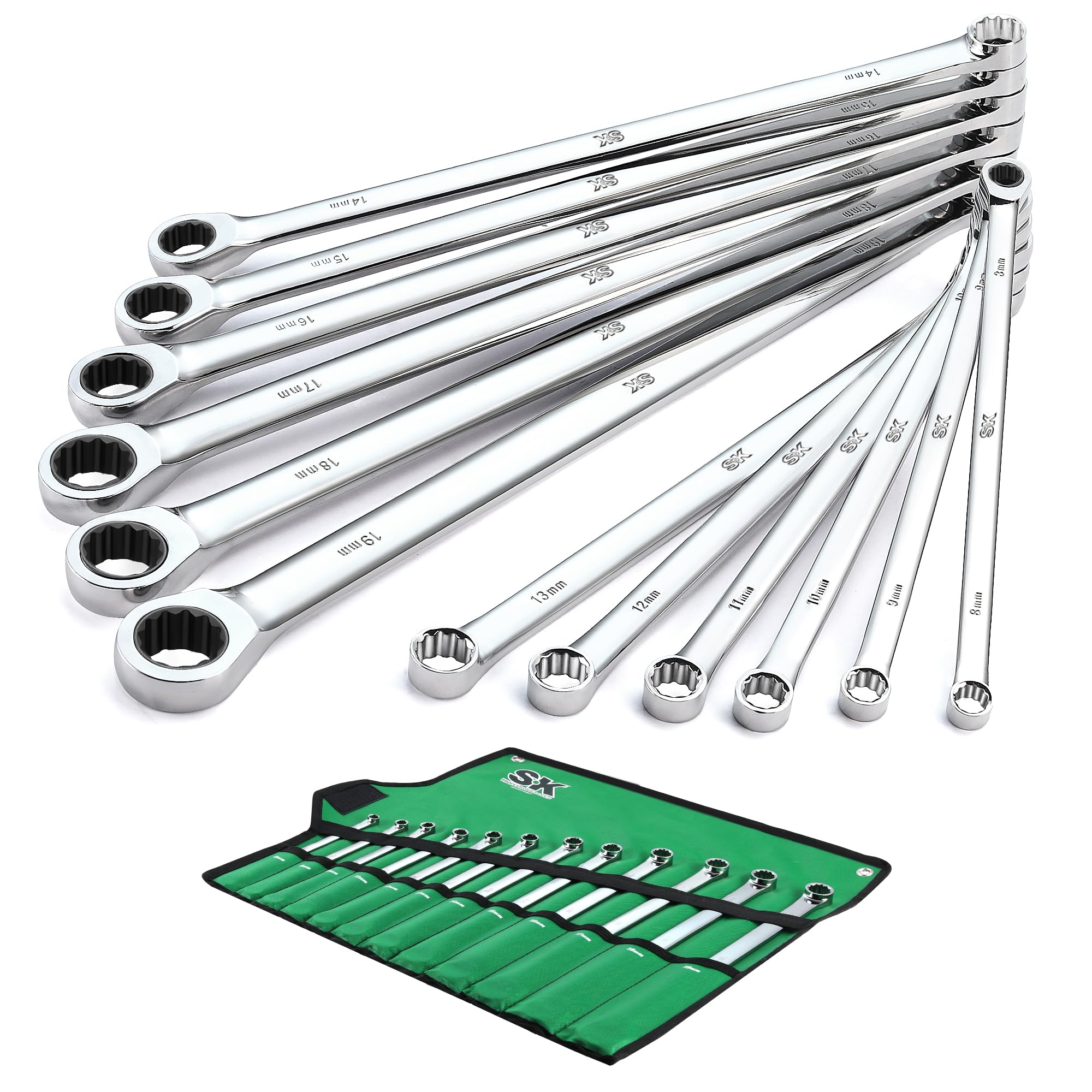 Extra Long Ratcheting Wrench Set, Double Box End Wrench Set, 12-Piece, Metric, 8 mm to 19 mm, 72-Tooth, Premium CR-V Construction, with Rolling Pouch