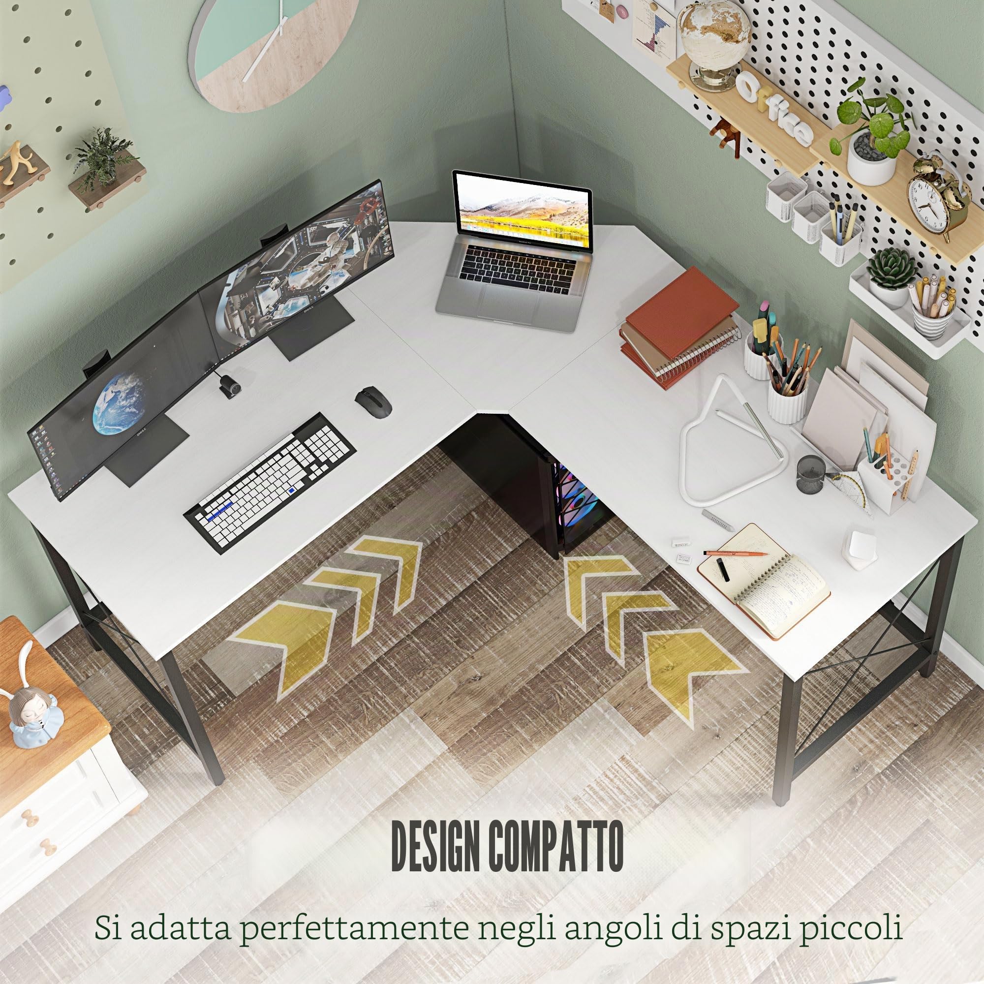 HOMCOM Scrivania a L Scrivania moderna ad angolo con struttura in acciaio Portata 70 kg per ufficio casa studio 150x150x76 cm Bianco