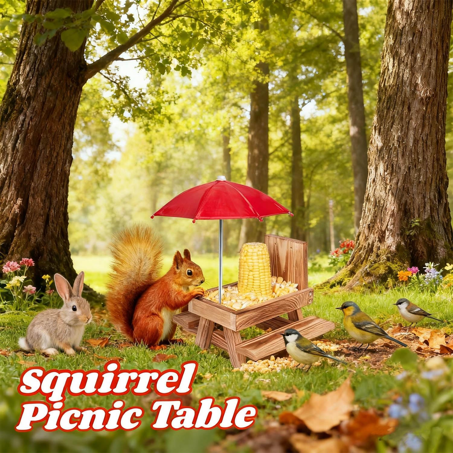Squirrel Picnic Table Feeder with Umbrella & Corn Cob Holder, Wooden Outdoor Squirrel feeders for Outside, Durable Weather-Resistant Funny Animal Decor for Squirrels, Gift for Garden Yard Patio