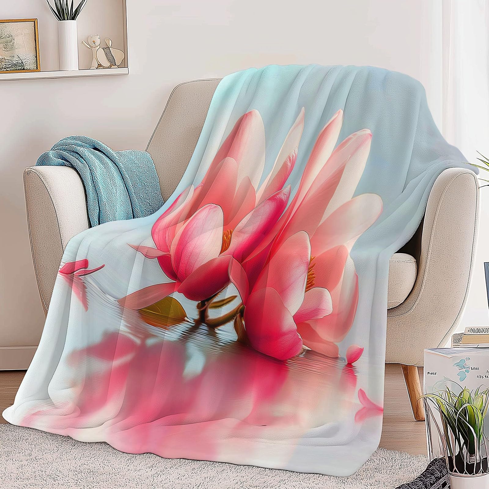 Genérico Manta Franela para Cama Crema, Ultra Suave Mantas Estampado Exquisito Flor Magnolia para Sofa 200 x 200 cm - Cálida y Acogedora para Cama Sofá Oficina Coche Viajes Camping