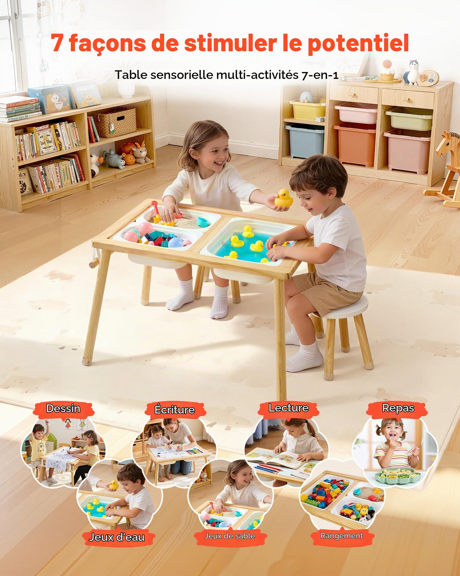 VEVOR Table Sensorielle pour Tout-Petits, Table d'Activité en Bois pour Enfants avec 2 Tabourets, Tableaux Double Face, Bacs de Rangement, pour Jeux de Sable et d'eau, Dessin, Apprentissage, Repas