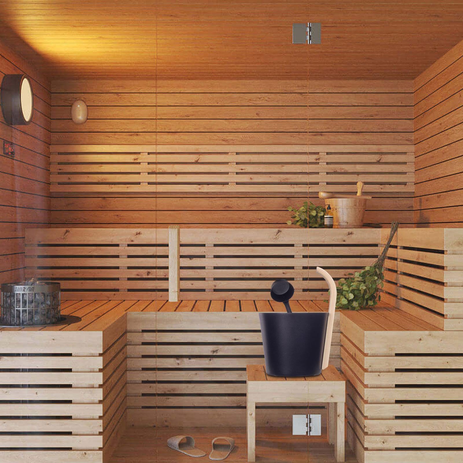 Cubo de sauna de aluminio con cucharón y reloj de - Cubo de sauna de metal - Juego de cubo de infusión 3 piezas. Cubo de sauna - Cubo ligero con mango de bambú - Negro Natural, lujoso cubo de al