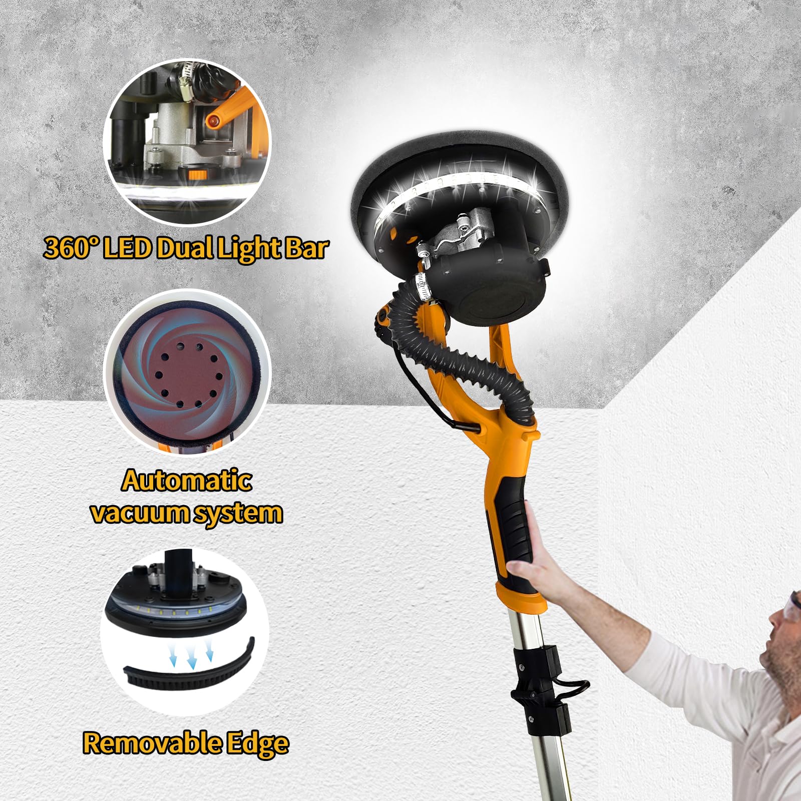 Levigatrice per Cartongesso AQTZGOS, Levigatrice Elettrica per Cartongesso da 7,5 A con Aspirazione Polvere, 6 Velocità Variabili 800-1750 Giri/Min