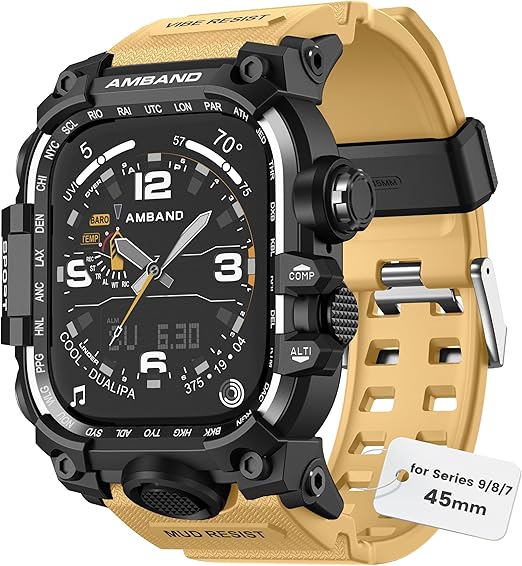 amBand M3 Rugged Case with Band Designed for Apple Watch Series 9/8/7 45mm, Military Bumper Heavy Duty Protector Protective Cover Shockproof Tactical Sport Accessories for iWatch Men - Sand Beige