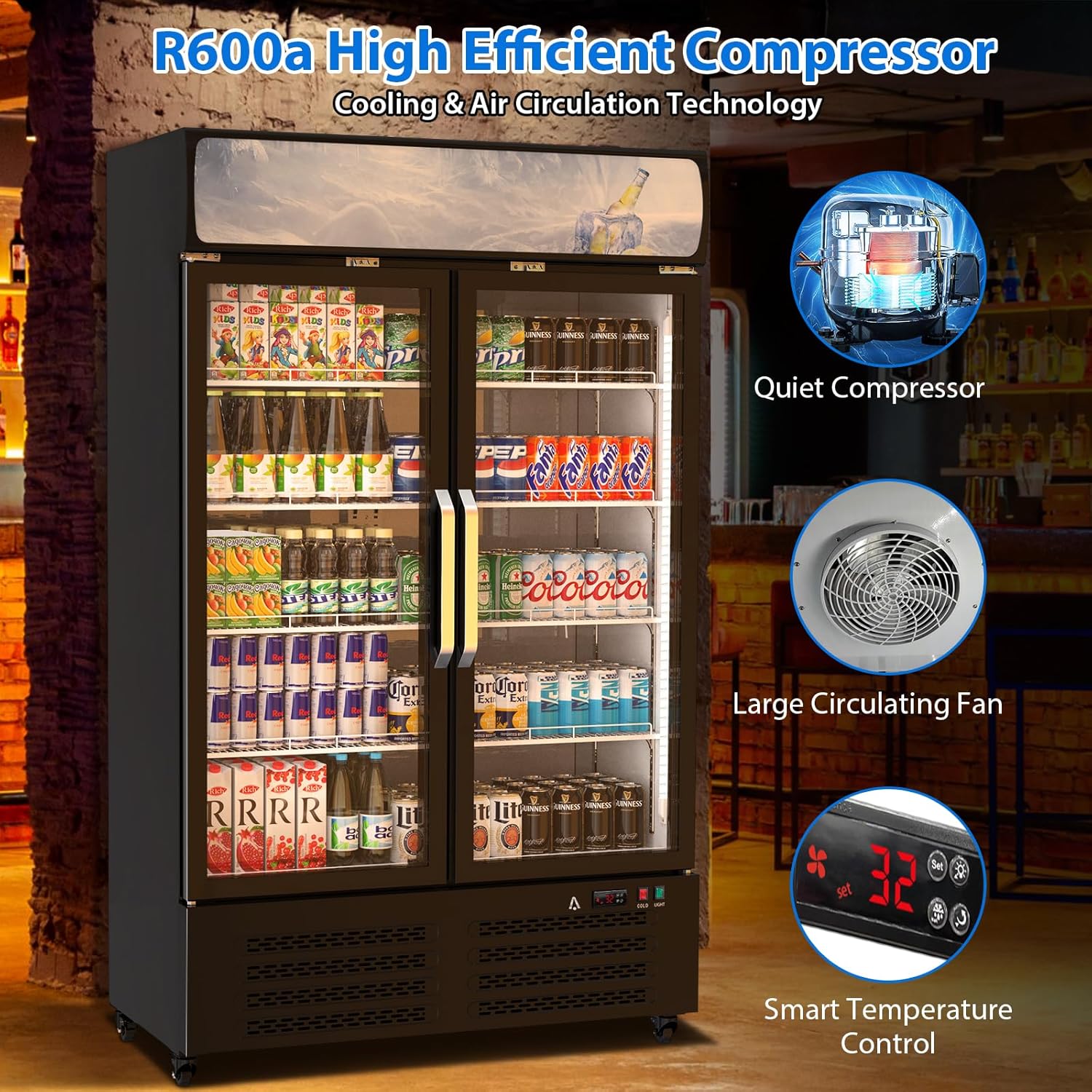 Diagram showing the R600a High Efficient Compressor and Large Circulating Fan components