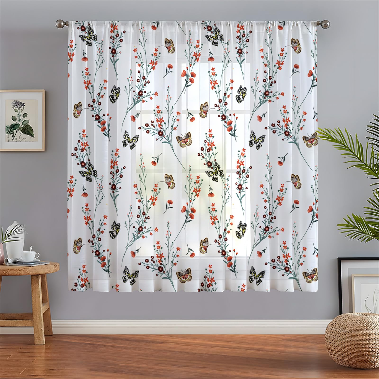 Surwin Net Curtains for Windows, 1 Panels Voile Curtain, Modern Floral Pattern Series with Eyelets, Semi Transparent Lightweight Voile Panel for Living Room Bedroom Balcony (Butterfly,W132xH45cm)