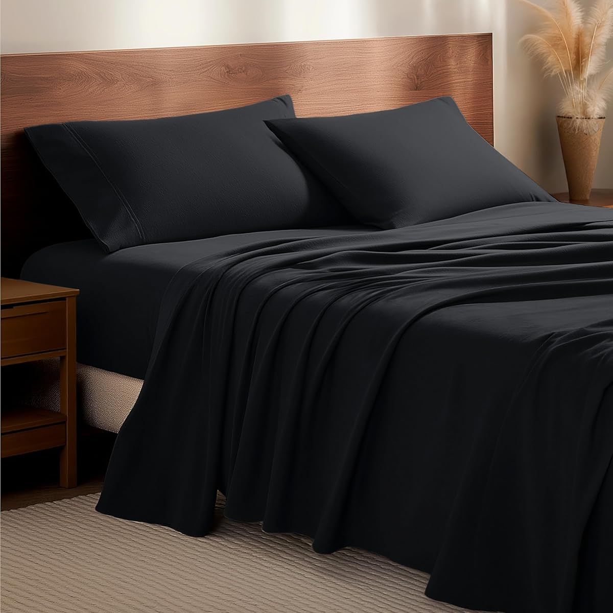 Bare Home Flannel Sheet Set 100% Cotton, Velvety Soft Heavyweight - Double Brushed Flannel - Deep Pocket (Queen, Black)