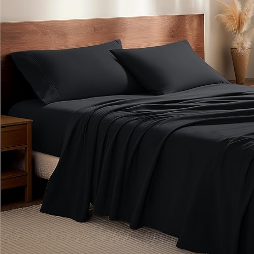 Bare Home Juego de sábanas de franela 100% algodón, terciopelo suave y pesado, franela de doble cepillado, bolsillo profundo (Queen, negro)