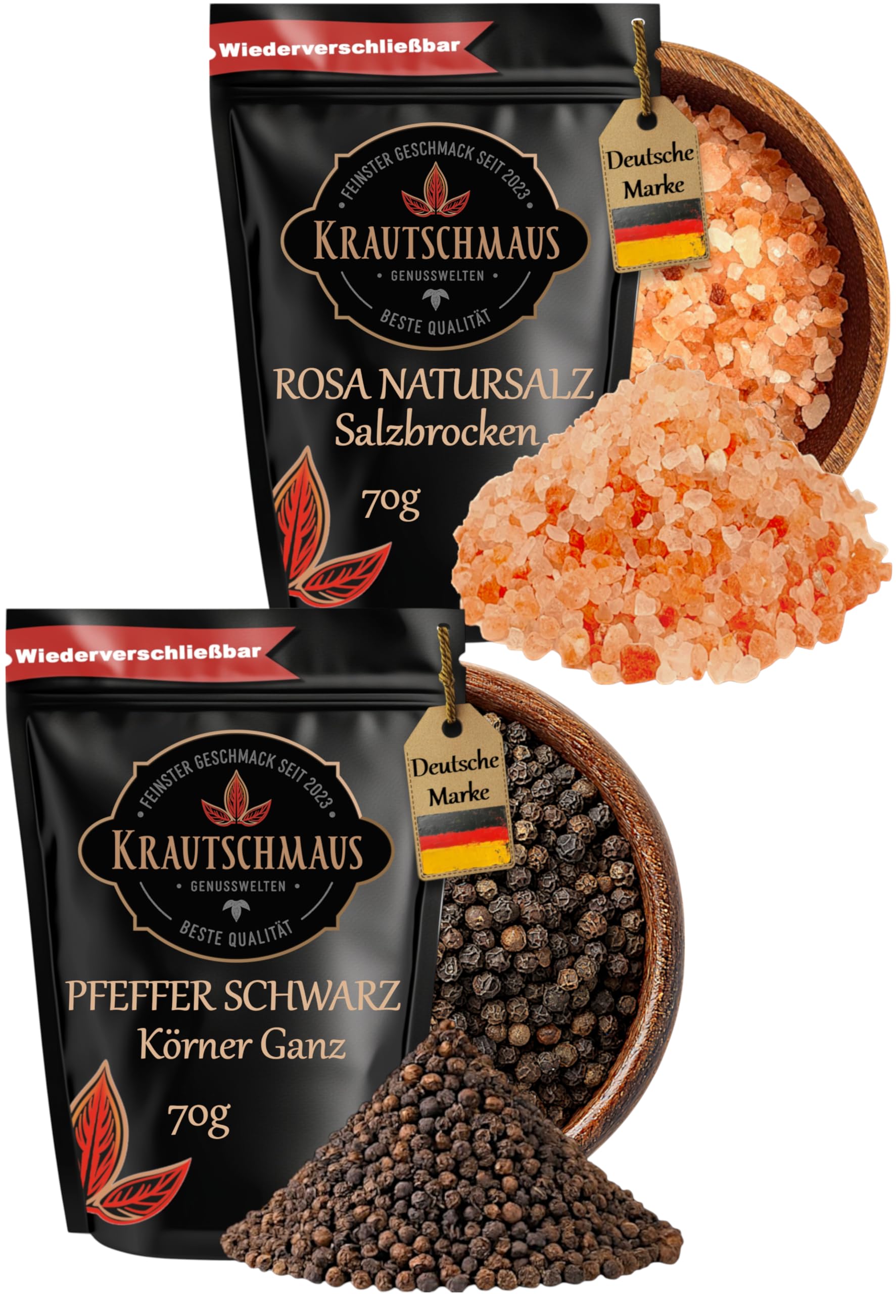 Salz und Pfeffer für die Mühle von Krautschmaus je 70g, rosa Natursalz grob, bekannt als Himalaya Salz, Kristallsalz aus Salt Range Pakistan, schwarze Pfefferkörner