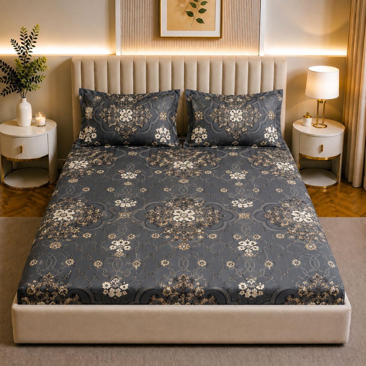 Castiqa Elastic Fitted Supersoft Premium Polycotton 200TC King Size Bedsheets with 2 Pillow Covers (Fits Upto Mattress of 8Inches) (Grey Chain, Full 72x78x8Inch)-image-23