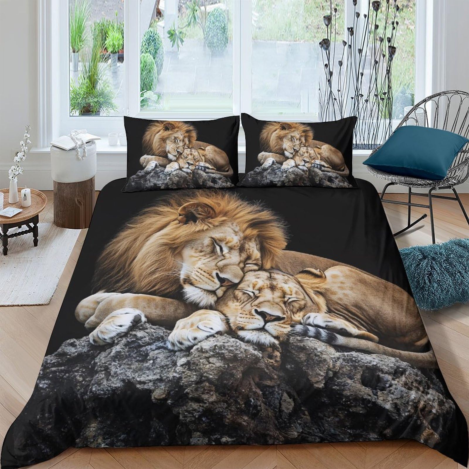 3D Printed Lion Family Duvet Cover Microfiber Soft Breathable Wildlife Bedding Set with 2 Pillowcases for Bedroom Decor Single（135x200cm）