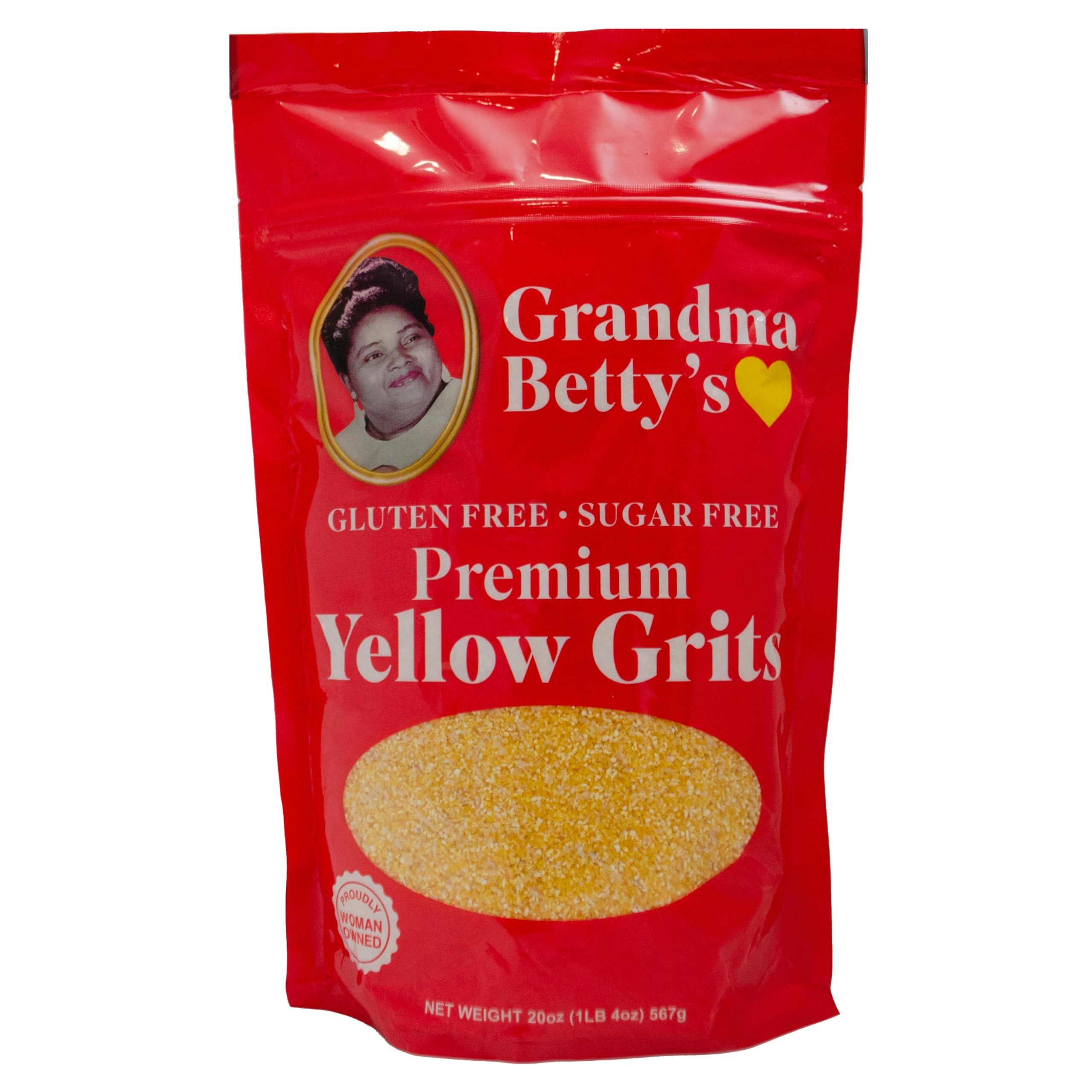 Grandma Betty's Yellow Grits, Gluten-Free, Sugar-Free, Sodium-Free, and Dairy-Free. Made in America. Cooks in 6 Minutes. 20oz. Bag
