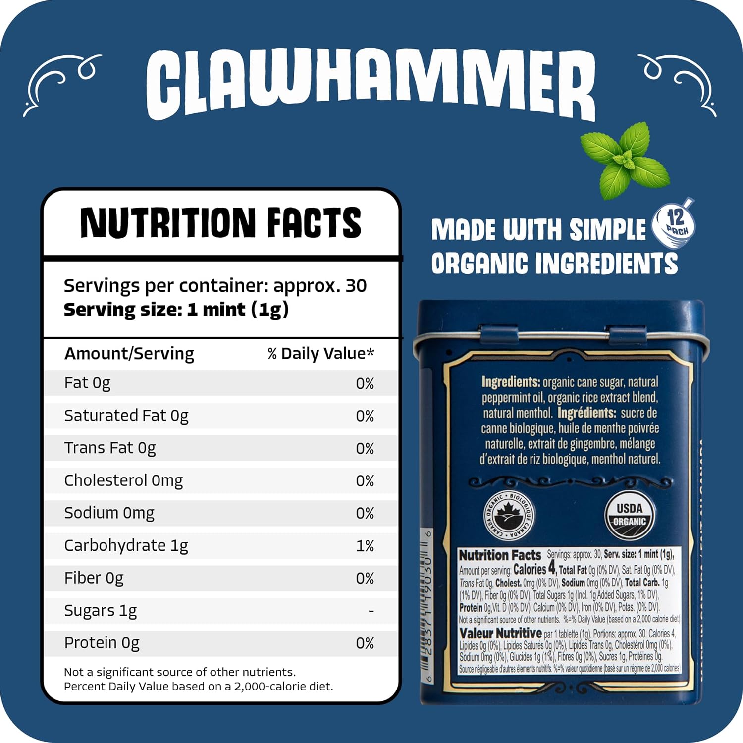 Clawhammer Organic Mints Strong Peppermint - 30 Count Tin (Pack of 12) | Bold Breath Mint, Organic Candy Mints with No Artificial Colors or Sweeteners | Kosher, Vegan, Gluten Free