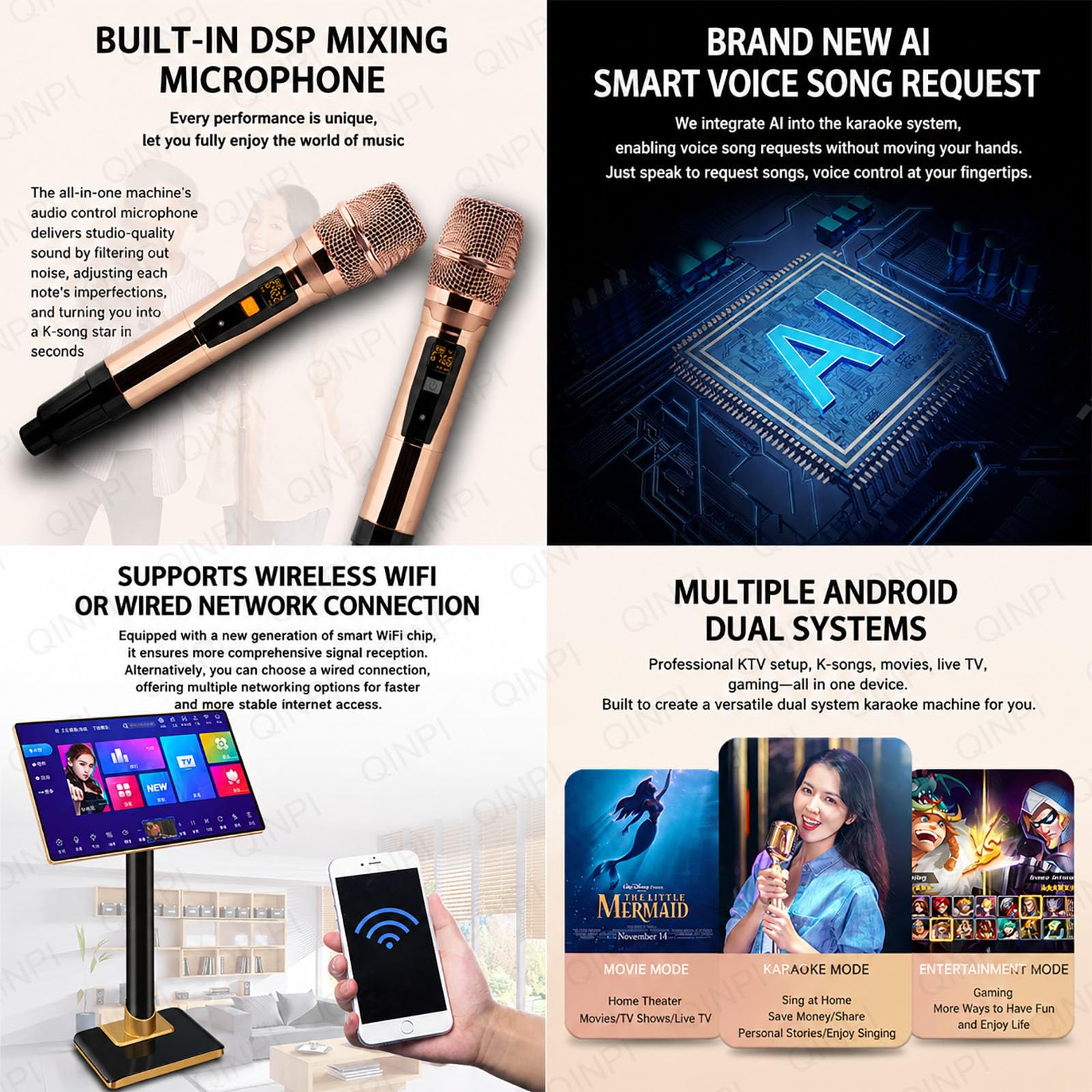 Sistema karaoke da 21,5", touch screen da 3 TB all-in-one, con 2 microfono wireless e schermo di visualizzazione testi, riverbero integrato, con per feste in famiglia, feste all'aperto