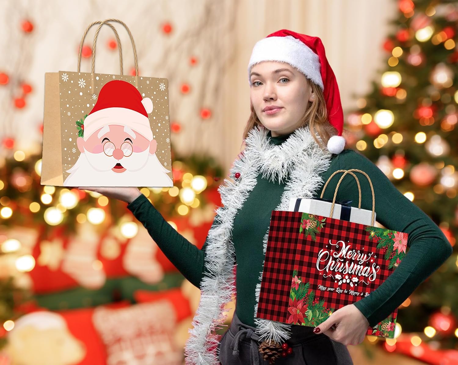 JUESMOS 12 Pack Kraft Christmas Gift Bags with Handles 13" Large Paper Bags for Present Wrapping 6 Designs Holiday Paper Treat Goodie Bags for Christmas Party Favors and Decoration Supplies - Image 4